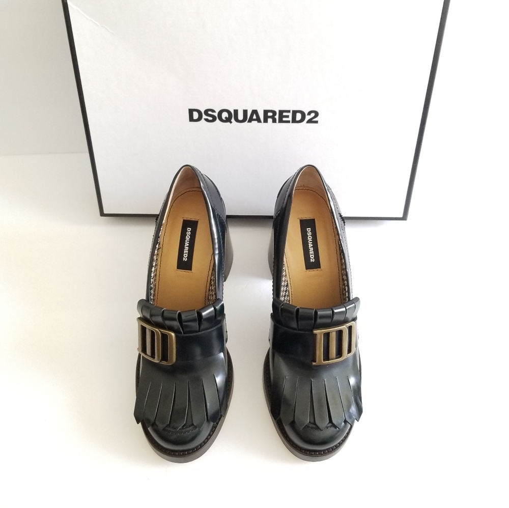 Dsquared2 Leather Fringe Block Heel Pumps Size 40 US 10 Deep G… - Picture 2 of 9